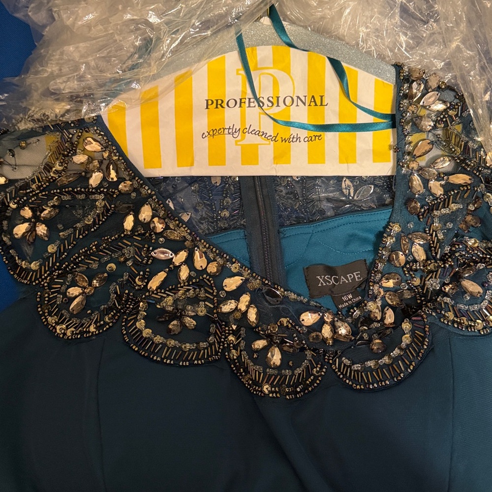 Xscape Teal Gown with Black Lace Accents - Picture 2 of 5